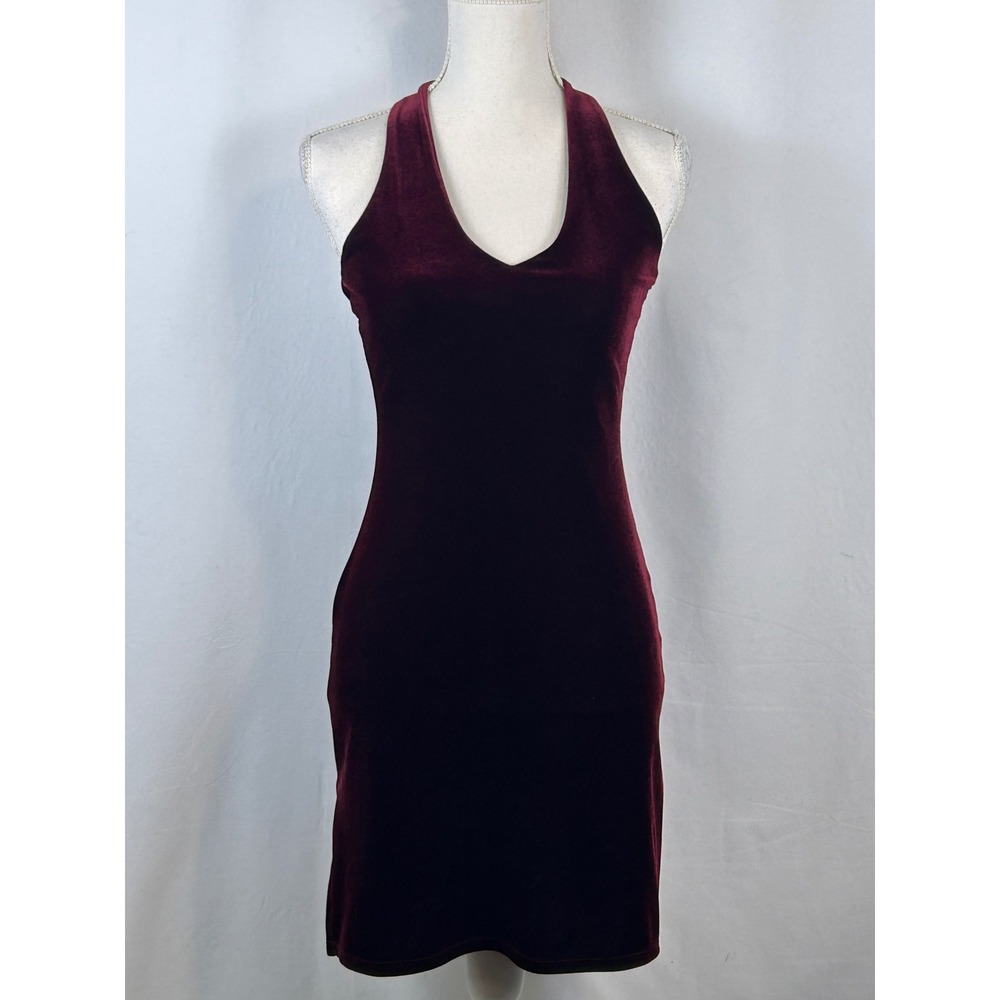 Hot Kiss Velvet Halter Dress Womens Small Burgundy Excellent Mini Side Slit